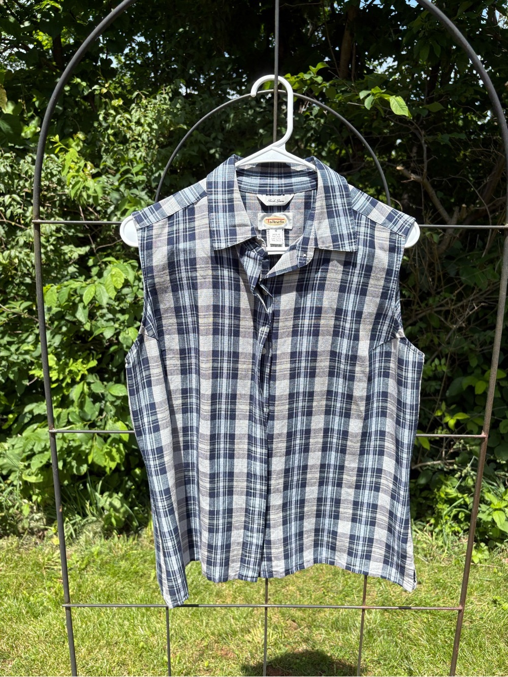 Talbots Navy Blue Beige Gray Plaid Button-Front Shirt Sleeveless Linen-Blend